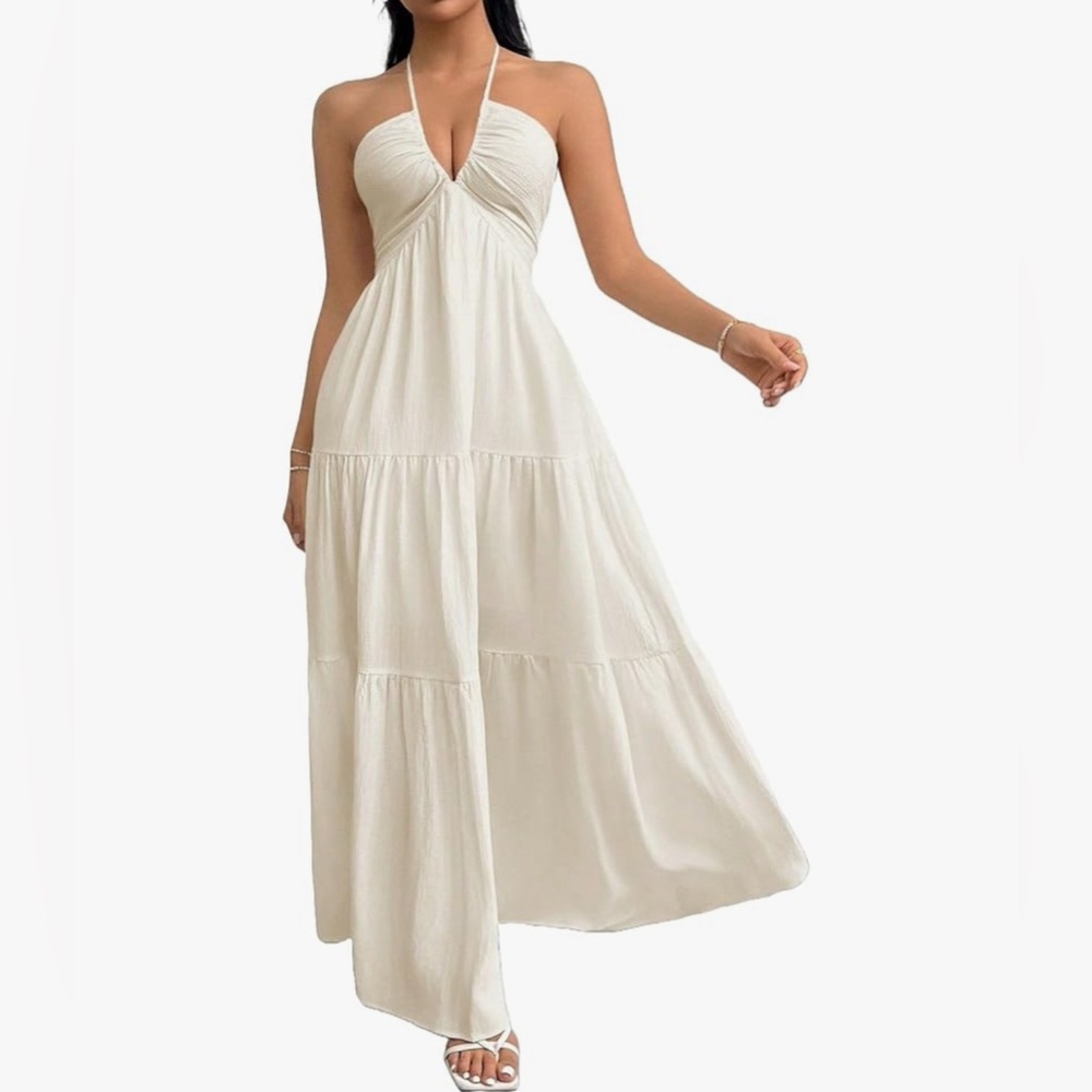 New- Elegant Cream Halter Maxi Dress - Picture 4 of 4